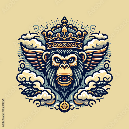 Majestic monkey king with crown and wings, powerful symbol.