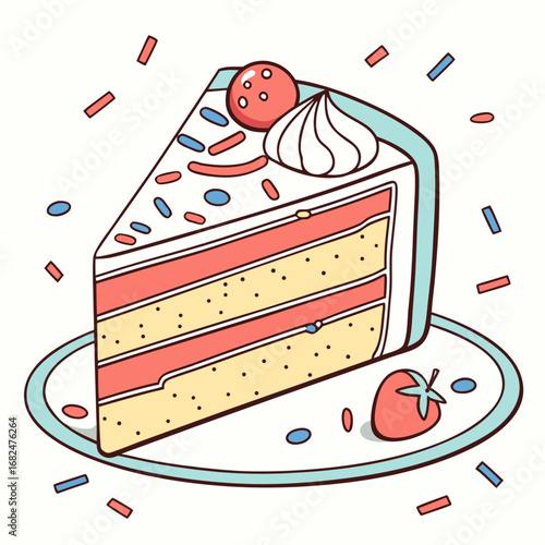 Layered cake slice with strawberry and confetti dessert sweet