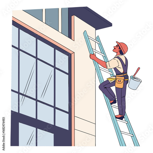 Man climbing ladder cleaning building windows building maintenance window cleaning