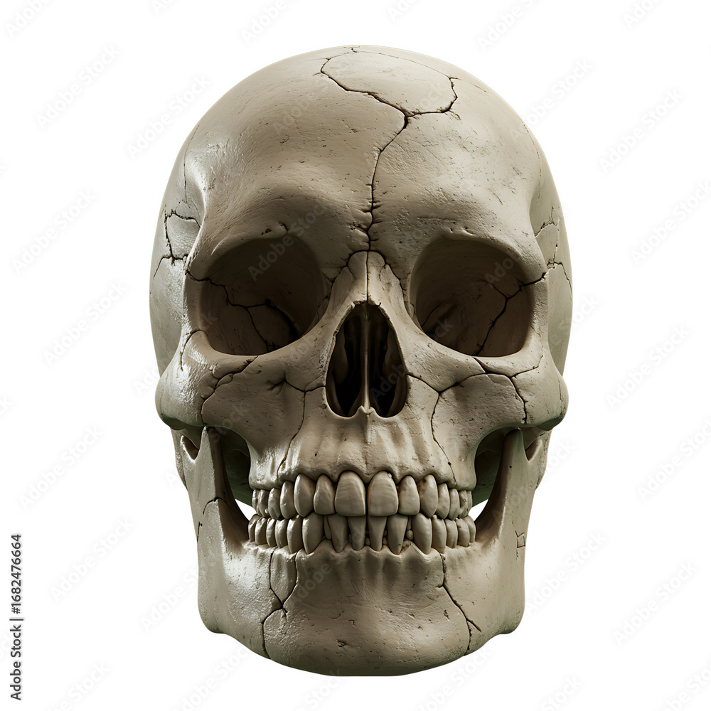 Obraz premium Front view of a weathered and fractured human skull, a macabre symbol of death and anatomy perfect for a terrifying halloween concept