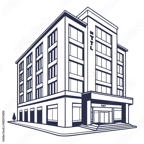 Modern hotel building with large windows and entrance architecture