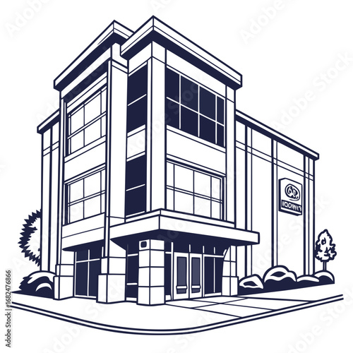 Modern office building with large windows and signage modern architecture corporate