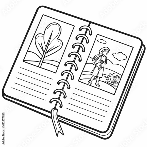 Open sketchbook with nature scenes and travel illustration open book tree