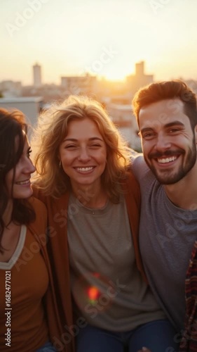 Three happy young friends smiling and embracing on a city rooftop during a beautiful sunset.