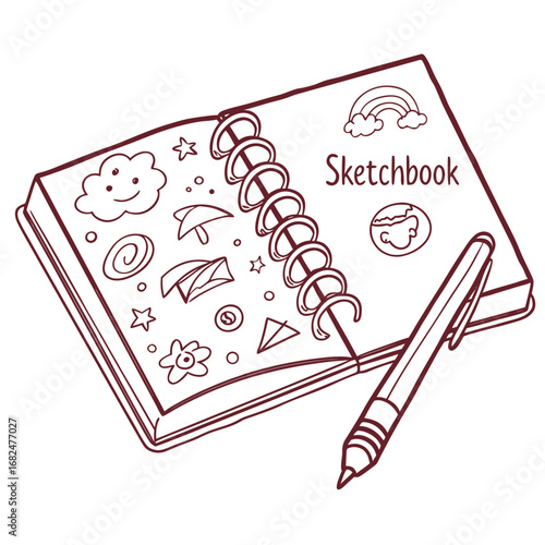 Open sketchbook with doodles and pen drawing