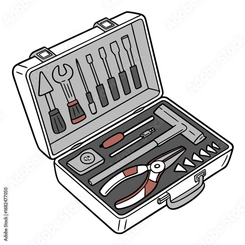 Open tool case with assorted implements and red accents tools wrench