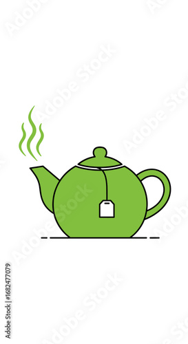 A vibrant green teapot with a tea bag steeping inside emanating fragrant steam a refreshing beverage concept