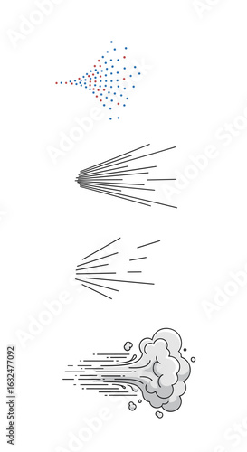 Abstract visual representations of spray and motion effects demonstrating speed and dispersion in various artistic styles