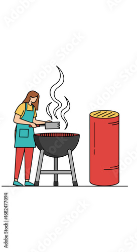 Person cooking delicious food on a hot barbecue grill outdoors with a large red can nearby