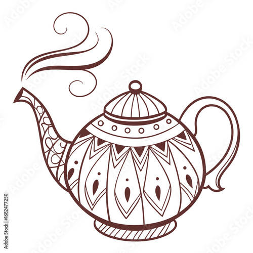 Ornate brown teapot with swirling steam decorative