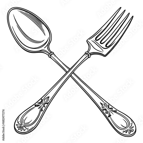 Ornate spoon and fork crossed on white cutlery eating utensil