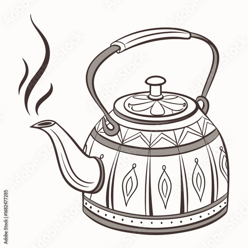 Ornate teapot with steam on white background kettle hot beverage
