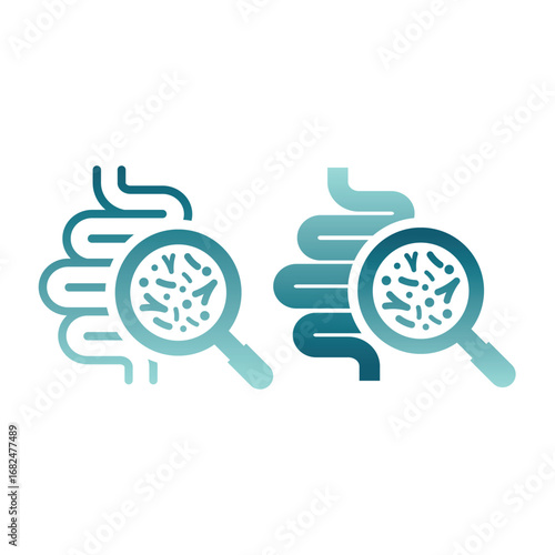Intestines with microbiota vector icon. Guts or intestine and bowels with bacterium or microflora an magnifying glass.