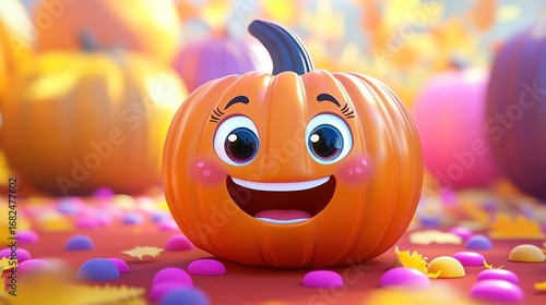 Cheerful cartoon pumpkin with big eyes and a happy smile surrounded by colorful confetti