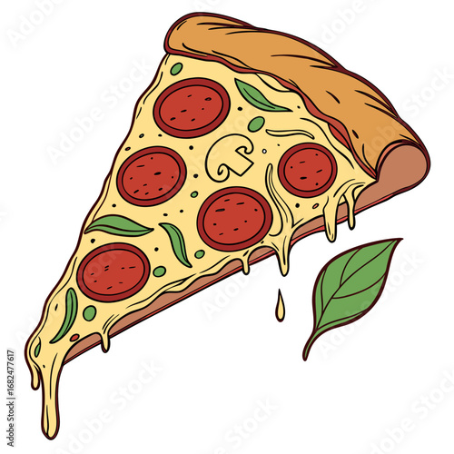 Pepperoni mushroom pizza slice with dripping cheese and basil leaf vector