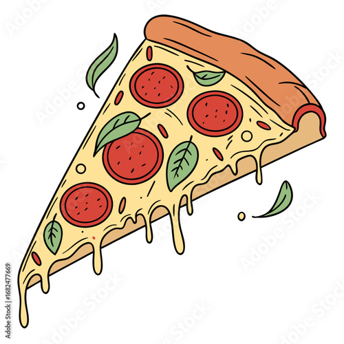 Pepperoni pizza slice with melting cheese and basil leaves food