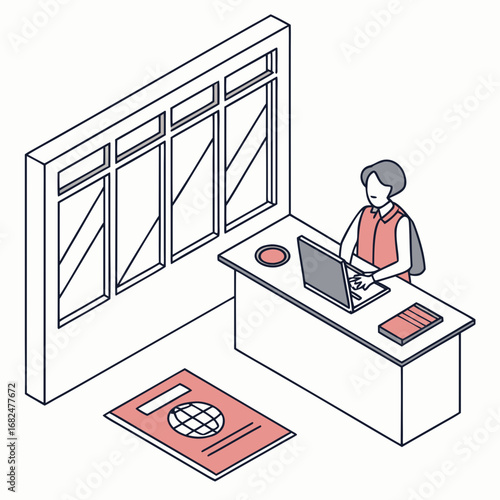 Person at desk with passport and laptop office
