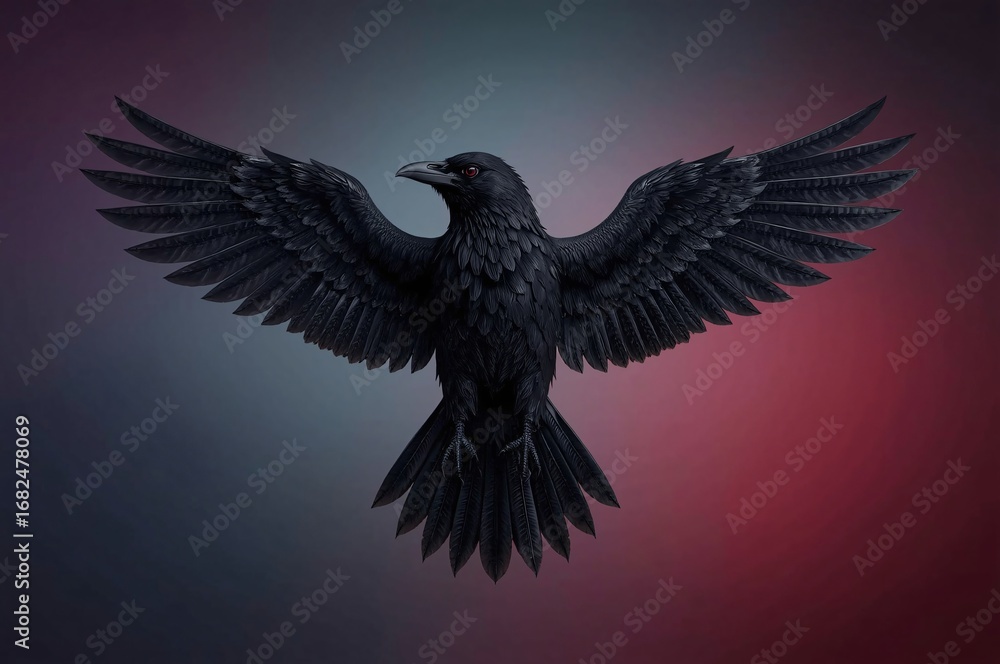 Obraz premium Majestic raven in flight, dark background, digital art, design element