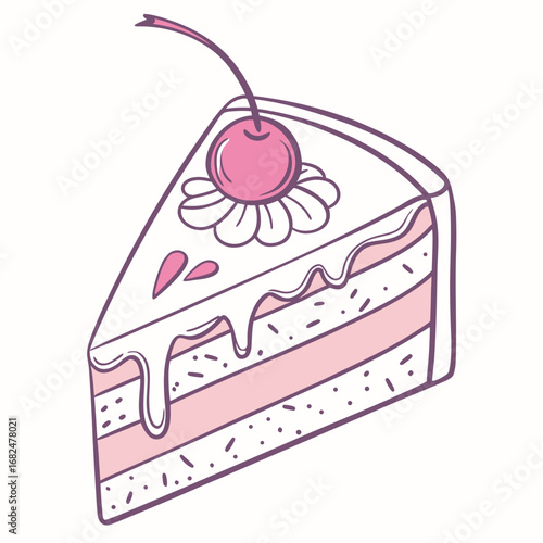 Pink layered cake slice with cherry and frosting dessert sweet