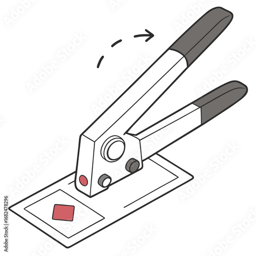 Punch tool creating red square from paper cutting office supply
