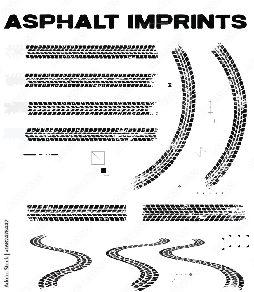 Fototapeta premium Tire tread marks after skidding, launch, drift, powerslide in motorsport, rally, off-road, motocross. Tread mark with skidding, sanding, dirty mark on asphalt. Wheel texture with splash effect. Vector