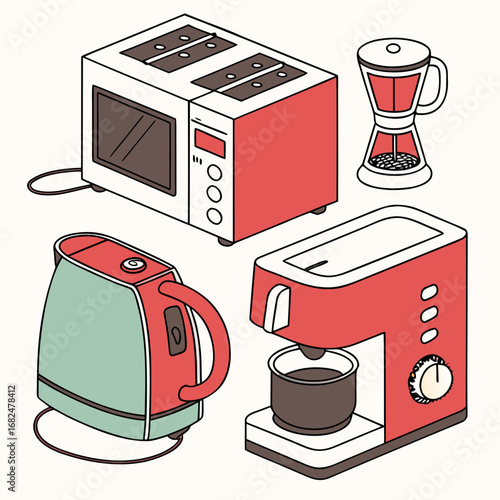 Red and mint green kitchen appliances with white background toaster blender