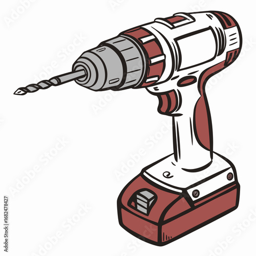 Red and white cordless power drill with drill bit cordless drill tool