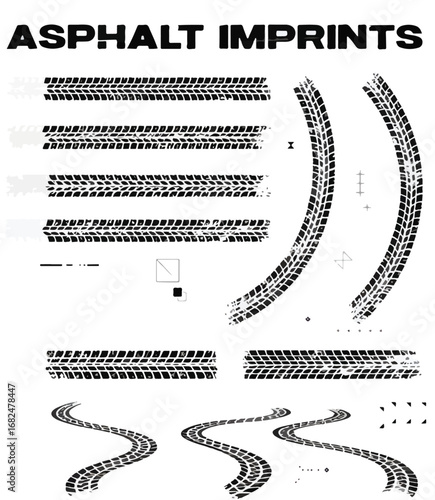 Tire tread marks after skidding, launch, drift, powerslide in motorsport, rally, off-road, motocross. Tread mark with skidding, sanding, dirty mark on asphalt. Wheel texture with splash effect. Vector