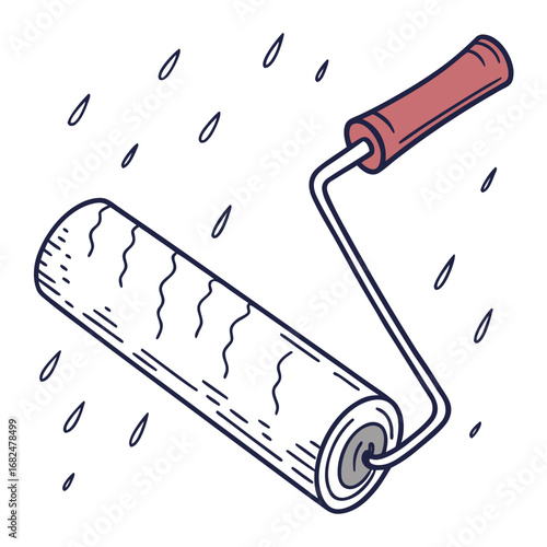 Red handled paint roller with wavy texture and falling droplets home improvement
