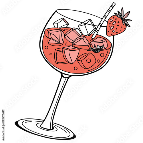 Refreshing pink cocktail with strawberry and ice drink beverage