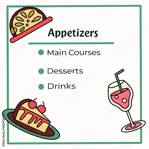 Restaurant menu with food and drink illustrations appetizers main courses