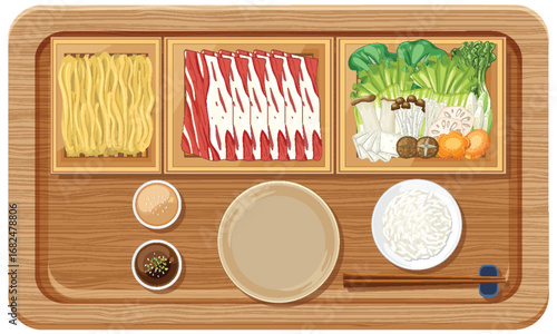 Asian Cuisine Ingredients on Wooden Tray