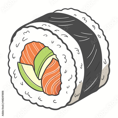 Salmon avocado sushi roll with nori and rice vector