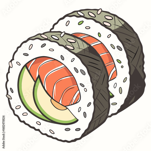 Salmon avocado sushi rolls with sesame seeds rice nori
