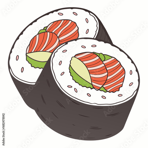 Salmon sushi rolls with avocado and rice nori