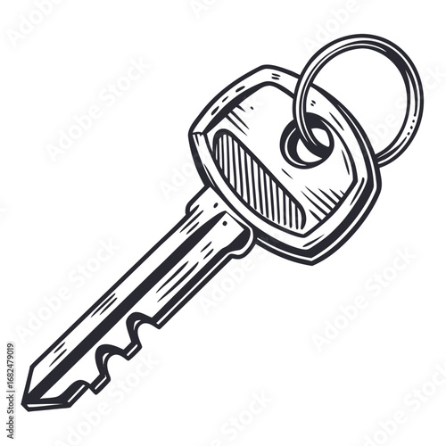 Single house key with metal ring on white background security access