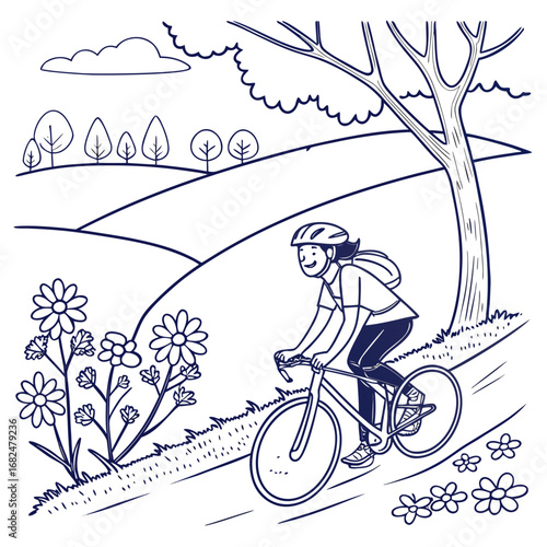 Smiling person biking through a scenic landscape cycling bicycle