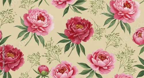 Watercolor Peony Floral Pattern on Beige Background.