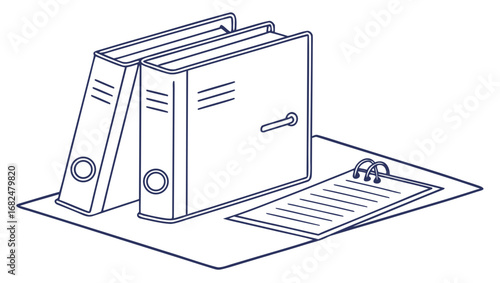 Two blue binders and paper on white office supplies document