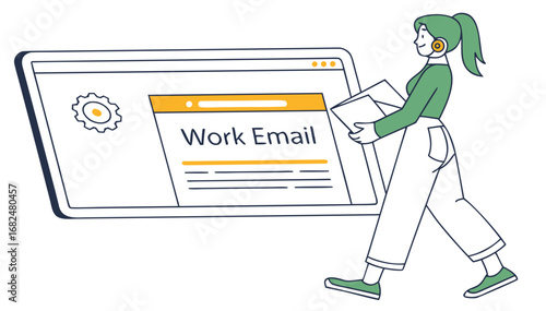 Woman carrying documents next to work email screen vector