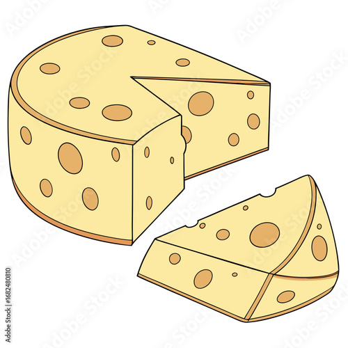 Yellow cheese wheel with holes and a slice food dairy
