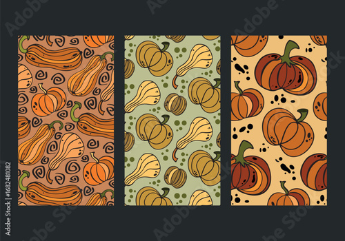 Wallpaper Mural Vector autumn pattern collection with different pumpkins, squashes and zucchini for decoration and printing of clothes, wallpaper, packaging design. Vintage ornaments with vegetables, zigzags, spots. Torontodigital.ca