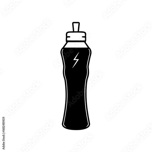 White outline of a sports water bottle with a lightning bolt symbol on a black background