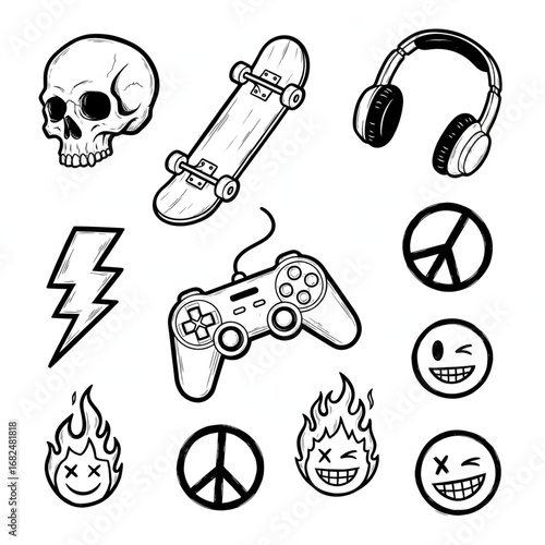 Black and white doodle collection featuring skull, skateboard, headphones, gaming controller, lightning bolt, peace signs, and various emoji faces in hand-drawn sketch style.