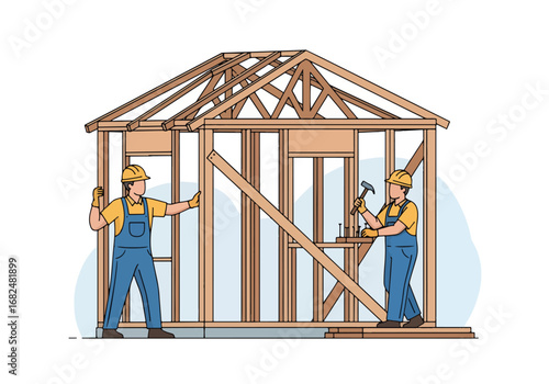 A clean, modern illustration of two builders working in tandem. They are constructing the wooden frame of a house, meticulously assembling the studs and roof trusses with hammers and nails.