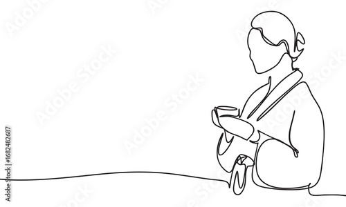 Woman in Robe with Cup Minimalist Line Art