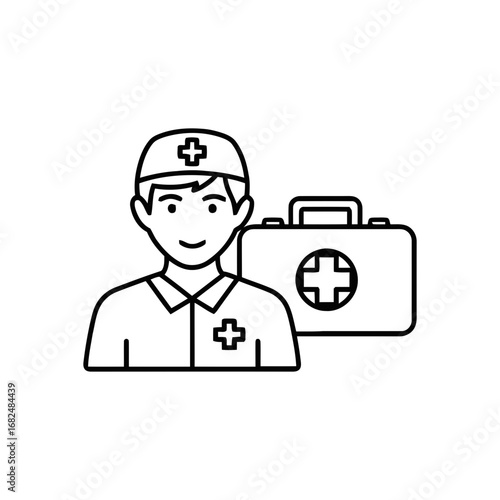 Medical Professional with First Aid Kit Line Icon.