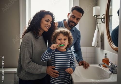 Happy parents helping little boy brush teeth in bathroom, family morning routine promoting healthy hygiene, love, parenting and daily care lifestyle concept with smiling mother, father and child