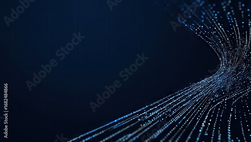 A dynamic design showcases flowing lines of light particles against a deep indigo background.