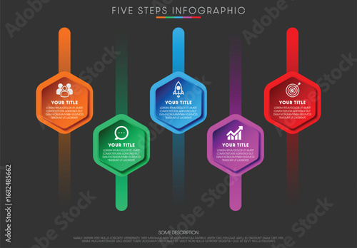 Colorful dark infographic template with a hexagonal layout and 5 main elements.
